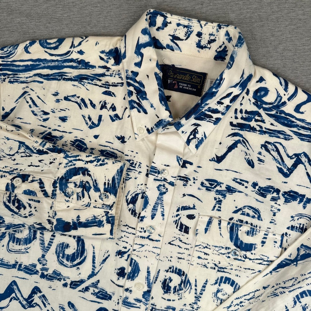 Panhandle Slim Western Button Down Shirt Mens 16.5x35 Blue White Abstract Tribal